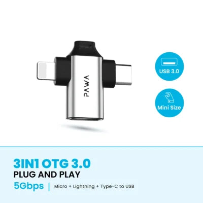 PW-OTG31B30 , PAWA 3IN1 OTG 3.0 Plug And Play 5GBPS MICRO+TYPE C,LIGHTNING PW-OTG31B30 , PAWA 3IN1 OTG 3.0 Plug And Play 5GBPS MICRO+TYPE C,LIGHTNING